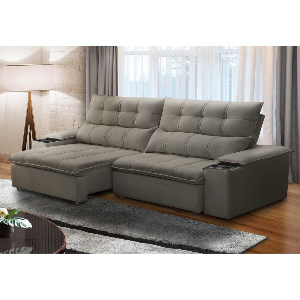 Sofá Retrátil e Reclinável 4 Lugares 250cm com Porta Copos e Objetos Bulgária Castor