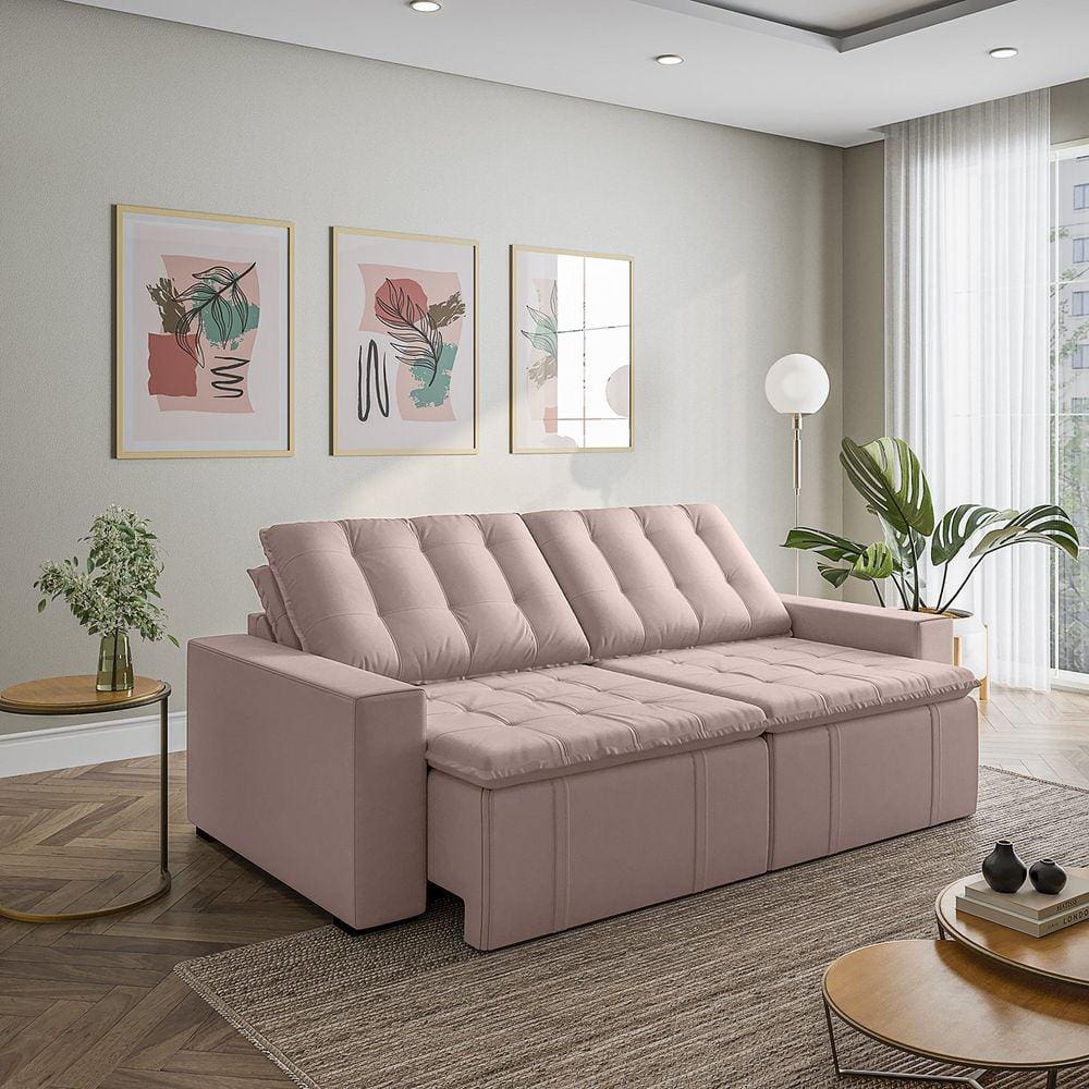 Sofá Cama Retrátil e Reclinável 4 Lugares 240cm em Veludo com Molas e Braço Reto Palmeira Cabecasa M Rosa