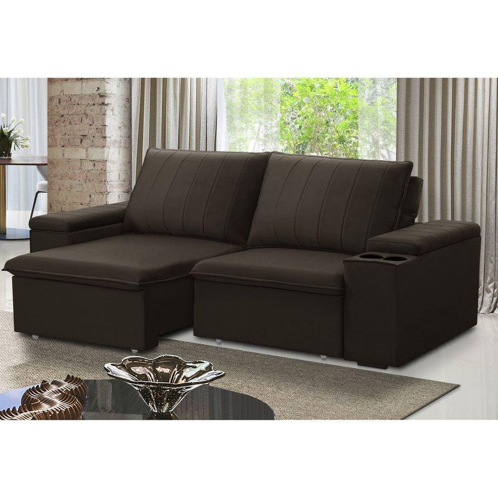 Sofá Retrátil e Reclinável 3 Lugares 205cm com Porta Copos Ballarat Marrom