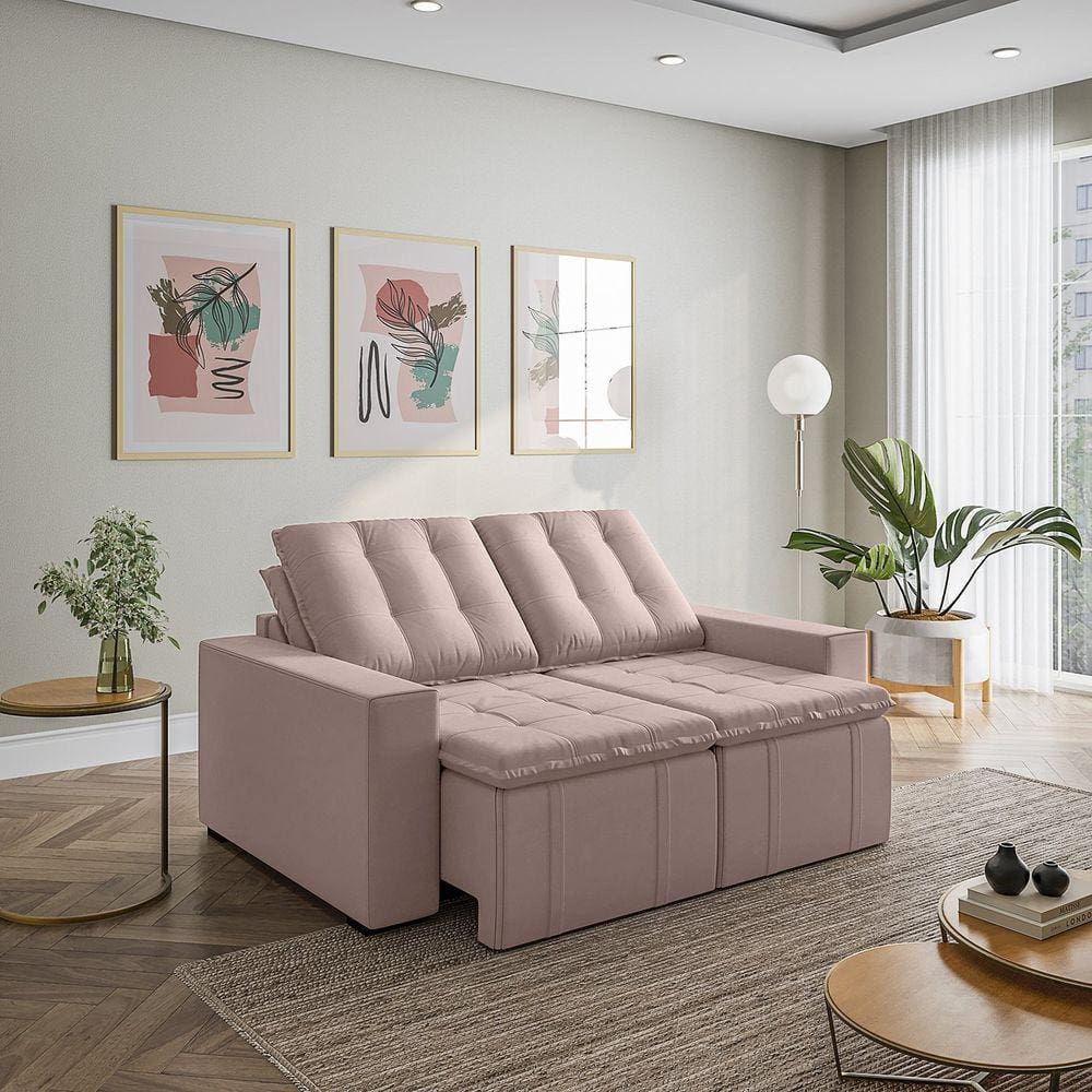 Sofá Cama Retrátil e Reclinável 3 Lugares 180cm em Veludo com Molas e Braço Reto Palmeira Cabecasa M Rosa