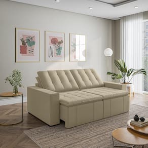 Sofá Cama Retrátil e Reclinável 3 Lugares 220cm em Veludo com Molas e Braço Reto Palmeira Cabecasa M Bege