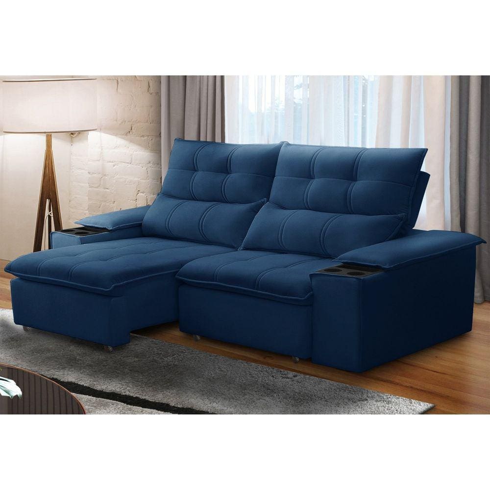 Sofá Retrátil e Reclinável 3 Lugares 210cm com Porta Copos e Objetos Bulgária Azul