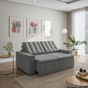 Sofá Cama Retrátil e Reclinável 3 Lugares 200cm em Veludo com Molas e Braço Reto Palmeira Cabecasa M Cinza