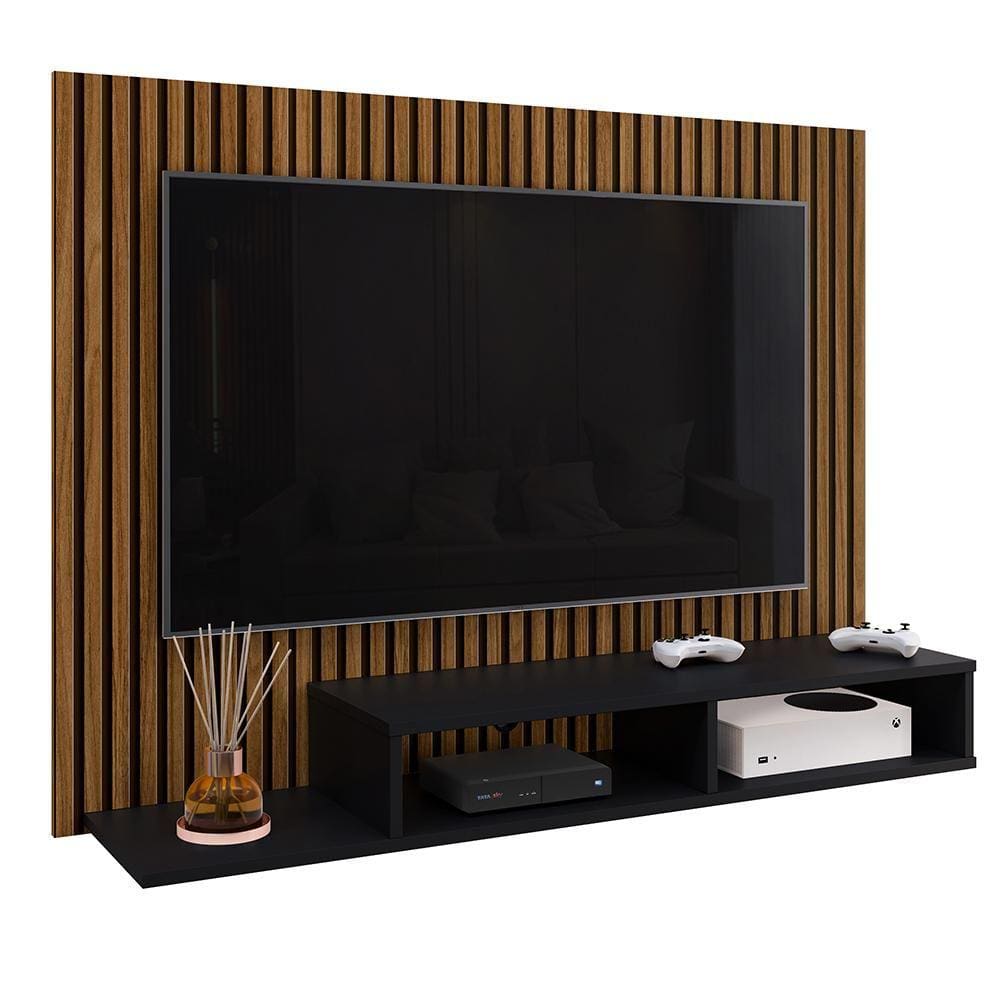 Estante Painel Suspenso TV 48 Polegadas Nicho Organizador Prateleira Decorativa Sala Quarto Moderno Dubai Ripado/Preto - RPM Móveis