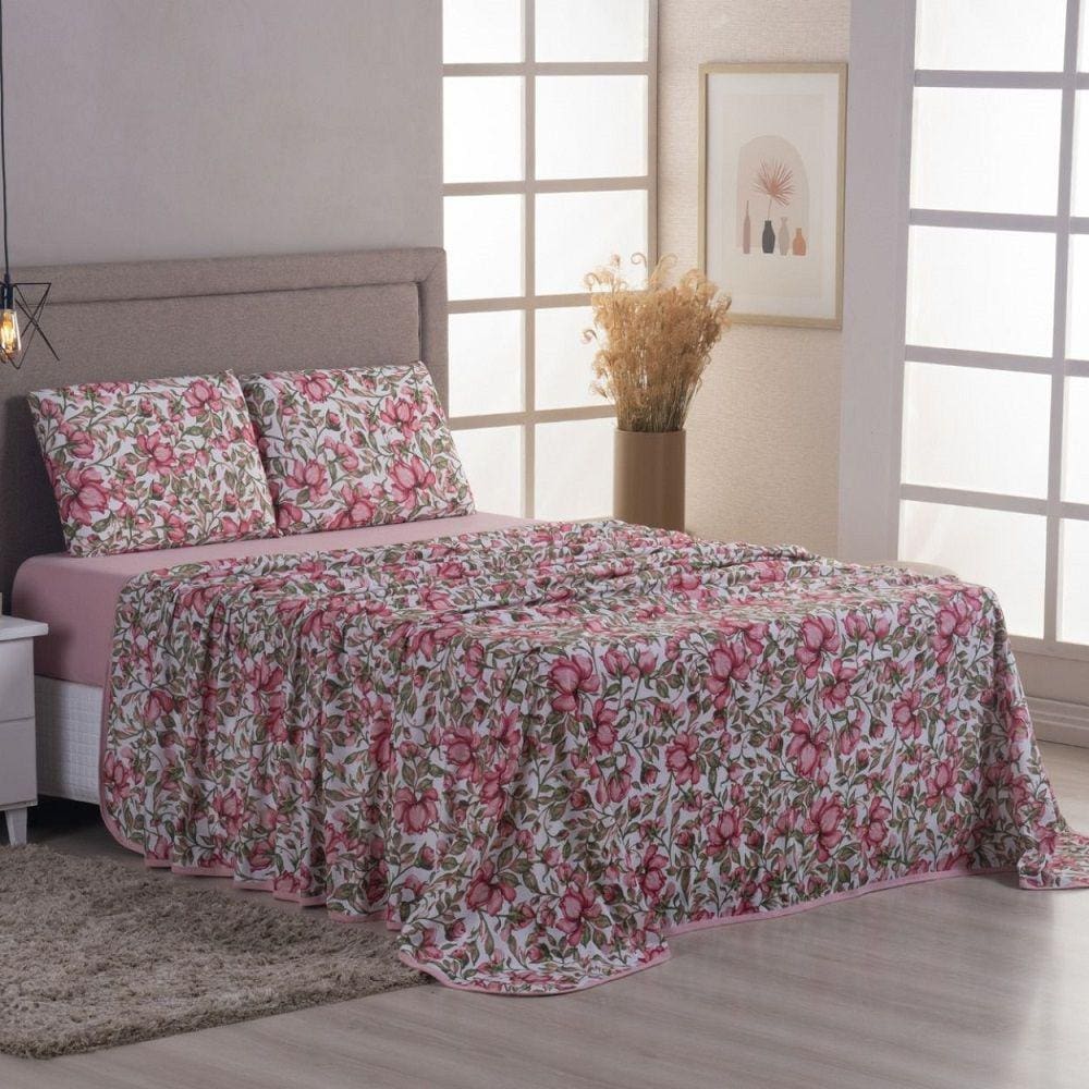 Jogo Lençol Cama Queen 4 peças 100% Algodão Malha Penteada
