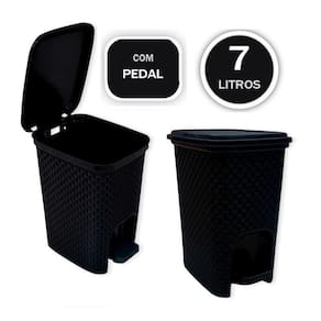 Lixeira Trama Rattan Com Pedal Preta Lixo Com 7 Litros