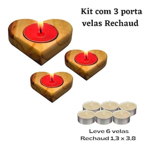 Kit Com 3 Porta Vela De Madeira Coração Velas Rechaud 8X8