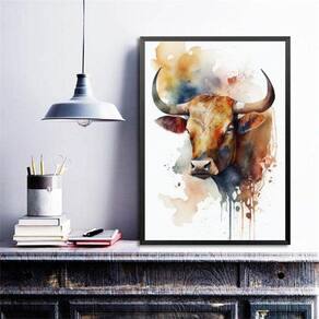 Quadro Decorativo Boi Aquarela 24X18Cm - Com Vidro