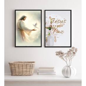 Kit 2 Quadros Cristãos Jesus É A Nossa Paz 45X34Cm - Vidro