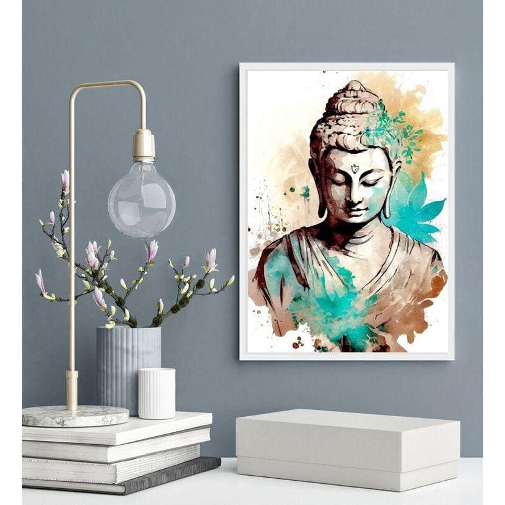 Quadro Decorativo Buda Aquarela Turquesa 33X24Cm - Com Vidro