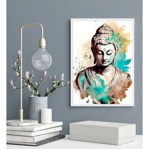 Quadro Decorativo Buda Aquarela Turquesa 45X34Cm - Com Vidro