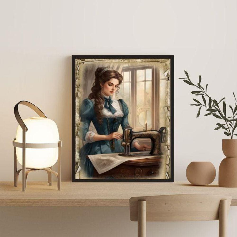 Quadro Decorativo Vintage Mulher Costurando 45X34Cm - Vidro