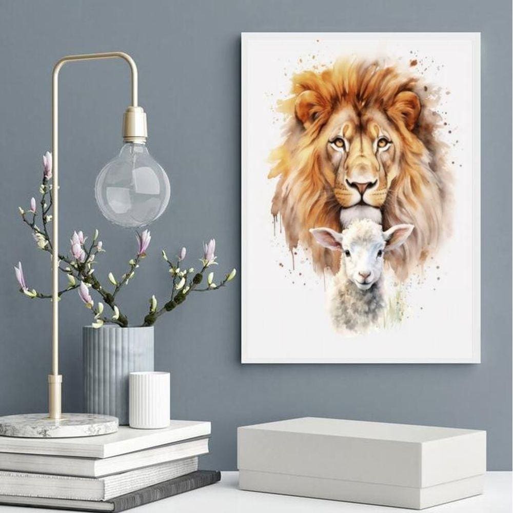 Quadro Decorativo Leão Com Cordeiro Aquarela 33X24Cm