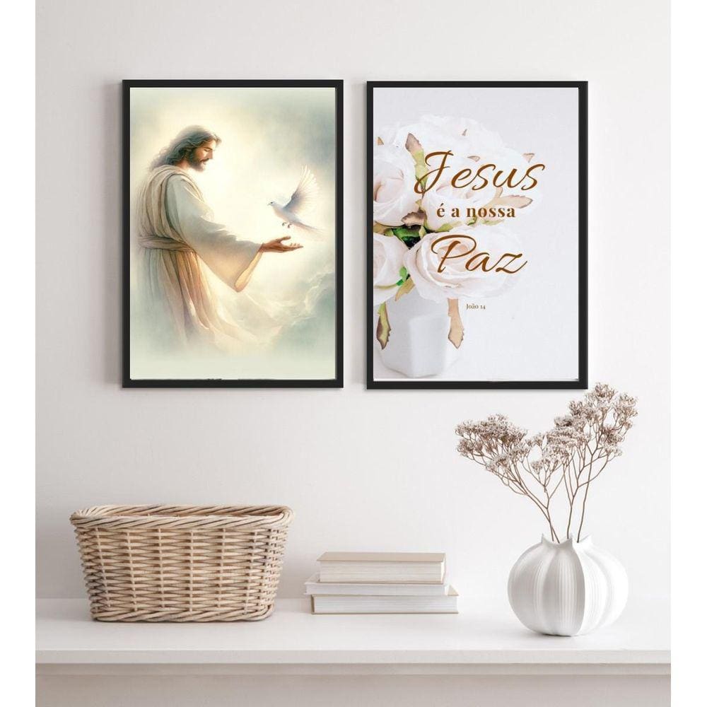 Kit 2 Quadros Cristãos Jesus É A Nossa Paz 33X24Cm