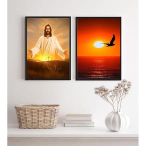 Kit 2 Quadros Evangélicos Jesus Por Do Sol 33X24Cm