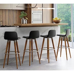Kit 4 Banquetas Altas Luxo Versatil Aço Champanhe Linho Preto Base Carvalho