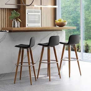Kit 3 Banquetas Altas Luxo Versatil Aço Champanhe Linho Preto Base Carvalho