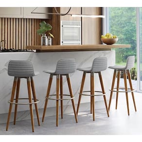 Kit 4 Banquetas Altas Luxo Versatil Aço Champanhe Linho Cinza Base Carvalho