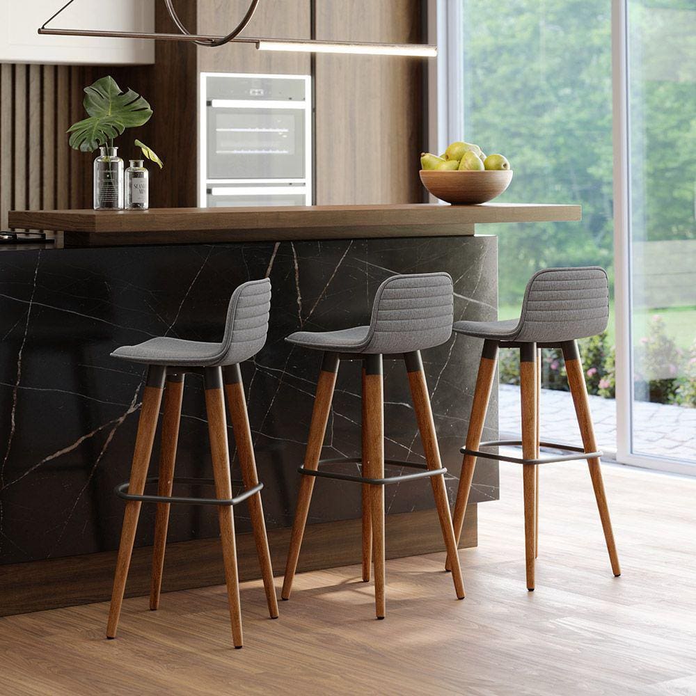 Kit 3 Banquetas Altas Luxo Linea Aço Preto Linho Cinza Base Carvalho