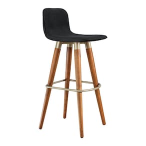 Banqueta Alta Luxo Linea Aço Champanhe Linho Preto Base Carvalho