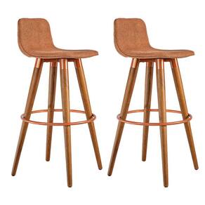 Kit 2 Banquetas Altas Luxo Versatil Aço Cobre Linho Terracota Base Carvalho