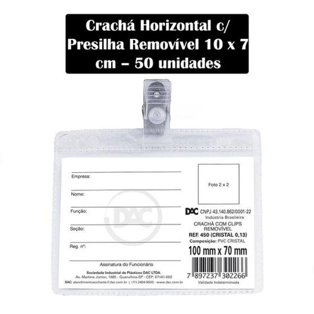 Cracha Horizontal Com Presilha Removível 10 X 7 Cm / Com 50 Unidades - Dac