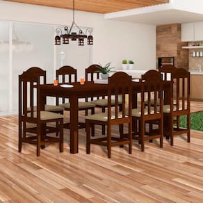 Mesa Com 8 Cadeiras Estofadas Bege de Madeira Maciça Castanho