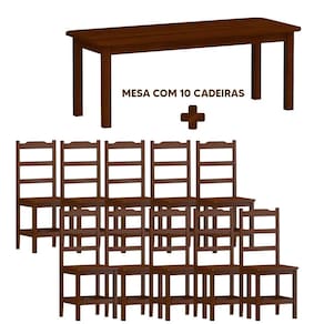 Mesa retangular com 10 cadeiras de madeira maciça - Plácida Shop JM