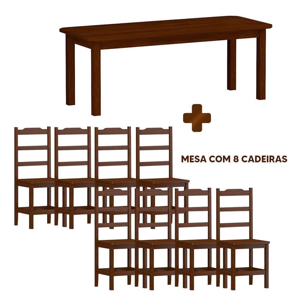 Mesa retangular de madeira maciça com 8 cadeiras - Plácida Shop JM