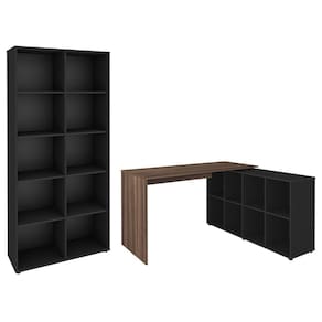 Mesa Escrivaninha em L Eron e Estante Livreiro 90x187cm Lean A06 Ipê/Preto - Mpozenato