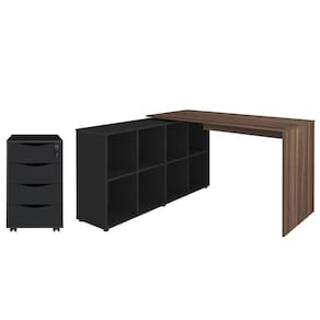 Mesa Escrivaninha em L Eron e Gaveteiro com Rodízios Mity A06 Ipê/Preto - Mpozenato