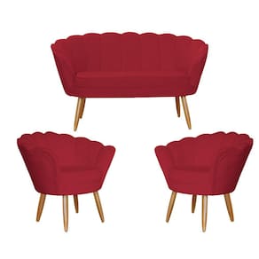 Kit Pétala Namoradeira e 2 Poltronas Decorativa Pés Palito Veludo Vermelho - LM DECOR