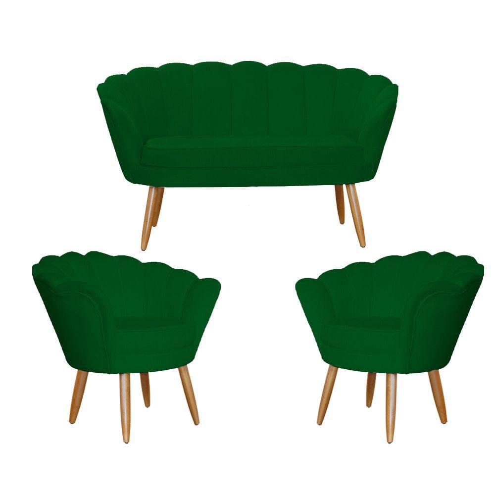 Kit Pétala Namoradeira e 2 Poltronas Decorativa Pés Palito Veludo Verde - LM DECOR