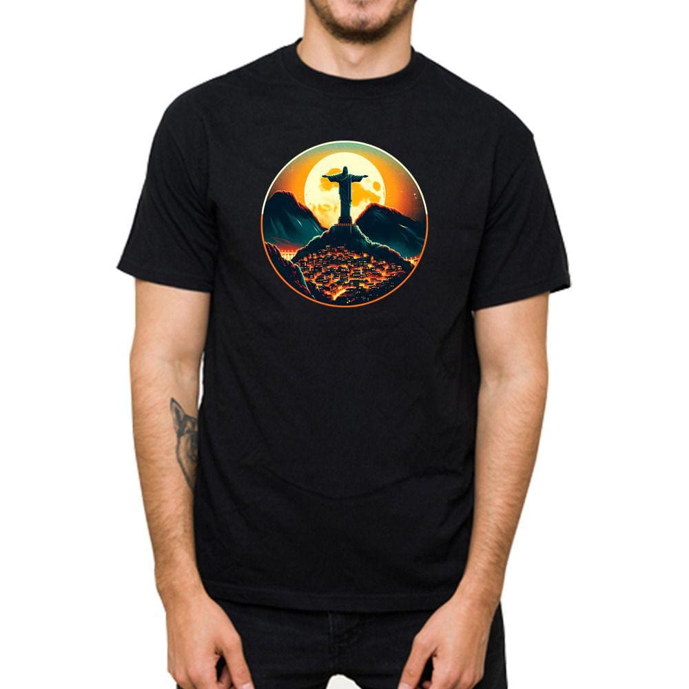 Camiseta Masculina Algodao Estampa Cristo Redentor Rio de Janeiro Gola Redonda Leve