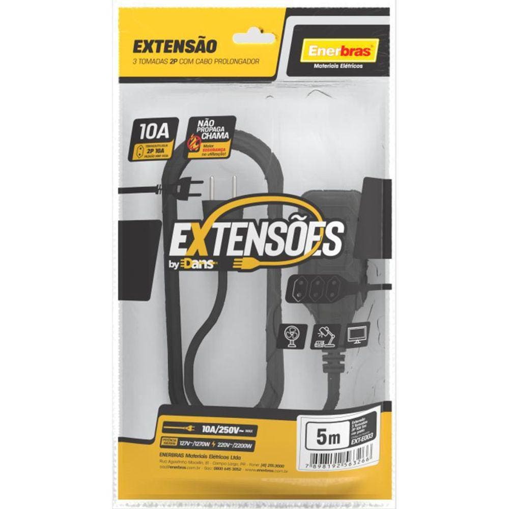 Extensão 3 Tomadas 2P 10A Preto 5 Metros Bivolt - Enerbras