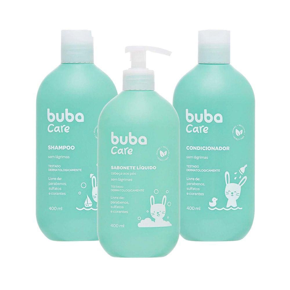 Kit Limpeza Cabelo Corpo Bebê Shampoo Condicionador Sabonete Líquido 400ml Sem Lágrimas Buba Care