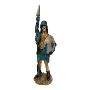 Escultura Índio Guerreiro Com Lança E Escudo 32 Cm Em Resina