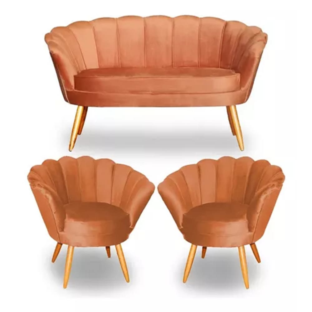 Kit Pétala Namoradeira e 2 Poltronas Decorativa Pés Palito Veludo Terracota - LM DECOR