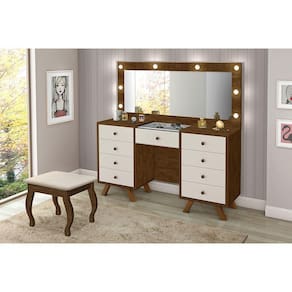 Penteadeira Camarim Com Espelho Banqueta Almofadada E Luzes Led Mila Malbec Off White