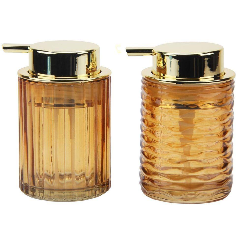 Kit Banheiro 2 Porta Sabonete Líquido Vidro Relevo Âmbar Gold Luxo 260ml - Tuut
