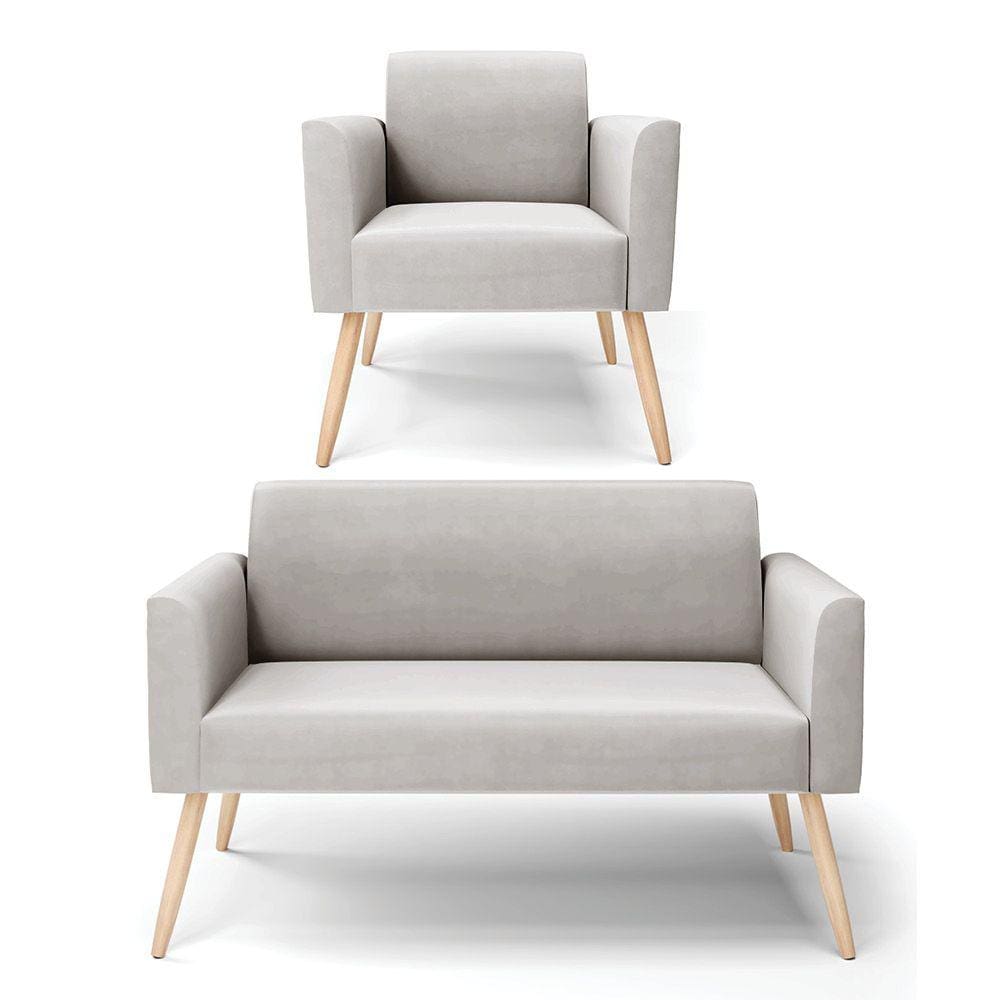 Sofá Namoradeira com Poltrona Pés Palito Natural Marisa Veludo Cinza D03 - D`Rossi