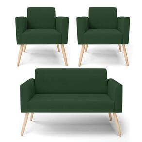 Sofá Namoradeira com 2 Poltronas Pés Palito Natural Marisa Veludo Verde D03 - D`Rossi