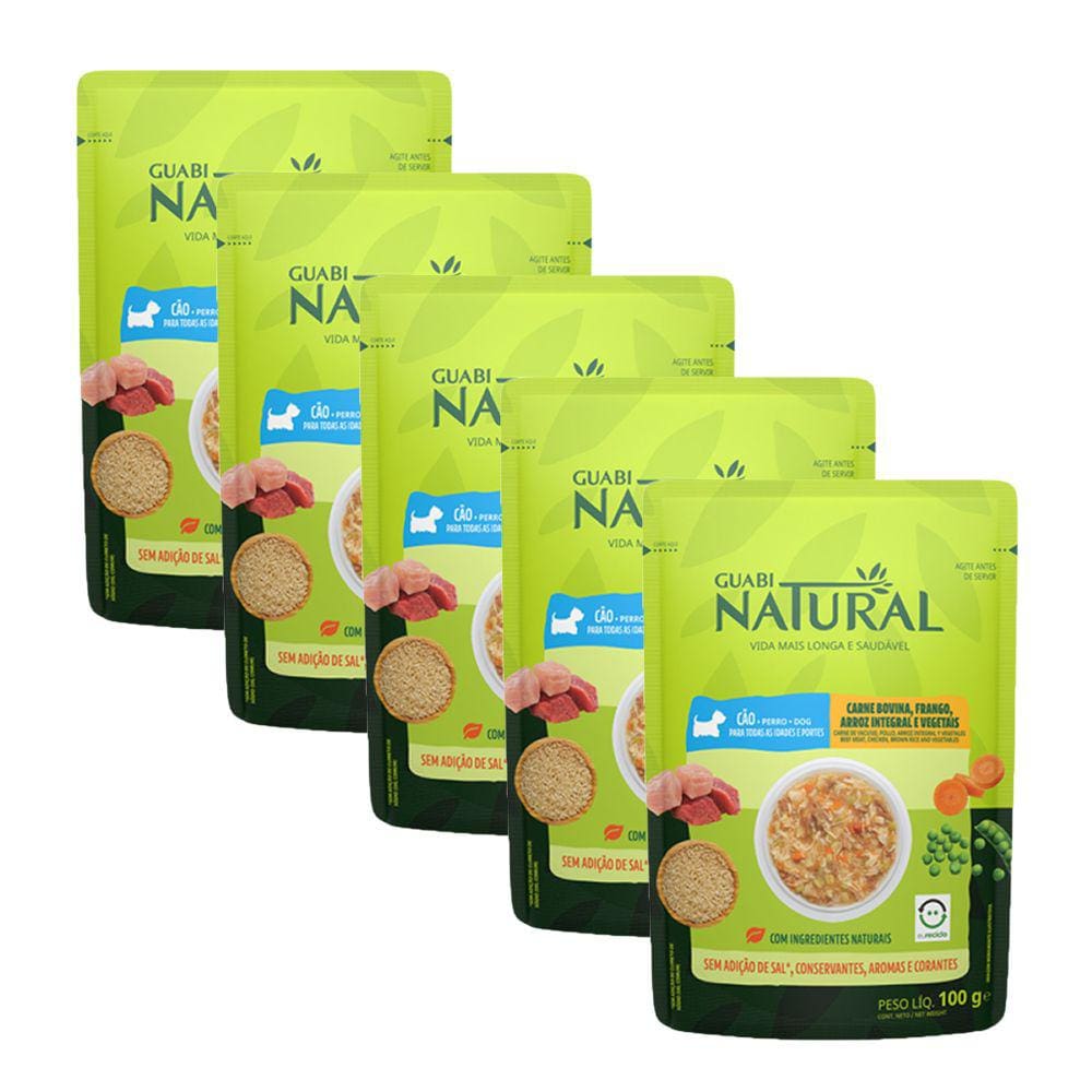 KIT 5 Ração Úmida Guabi Natural Cães Carne, Frango e Vegetais 100g