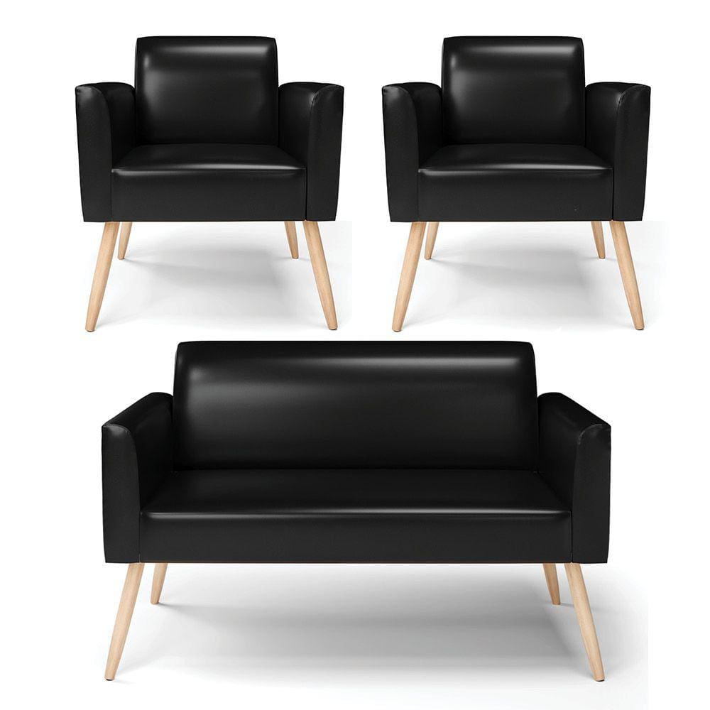 Sofá Namoradeira com 2 Poltronas Pés Palito Natural Marisa Corano Preto D03 - D`Rossi