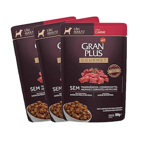KIT 3 Ração Úmida Gran Plus Gourmet Cães Adultos Carne 100g