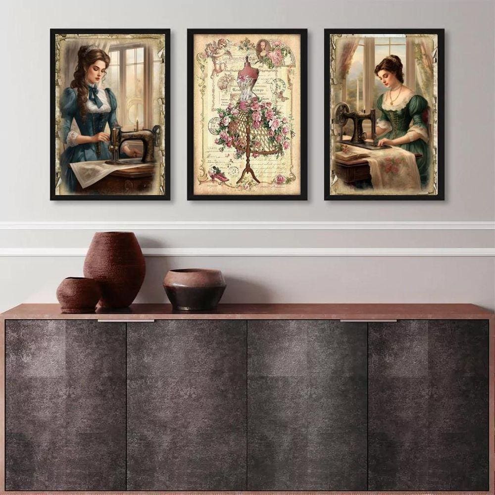 Kit 3 Quadros Vintage Atelier De Costura 24X18Cm - Com Vidro