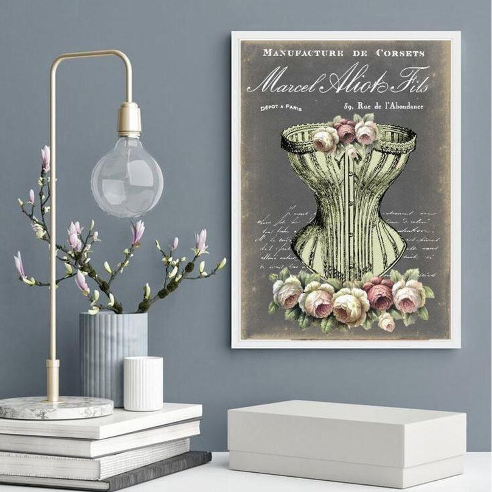 Quadro Decorativo Vintage Corpete Com Flores 33X24Cm - Vidro