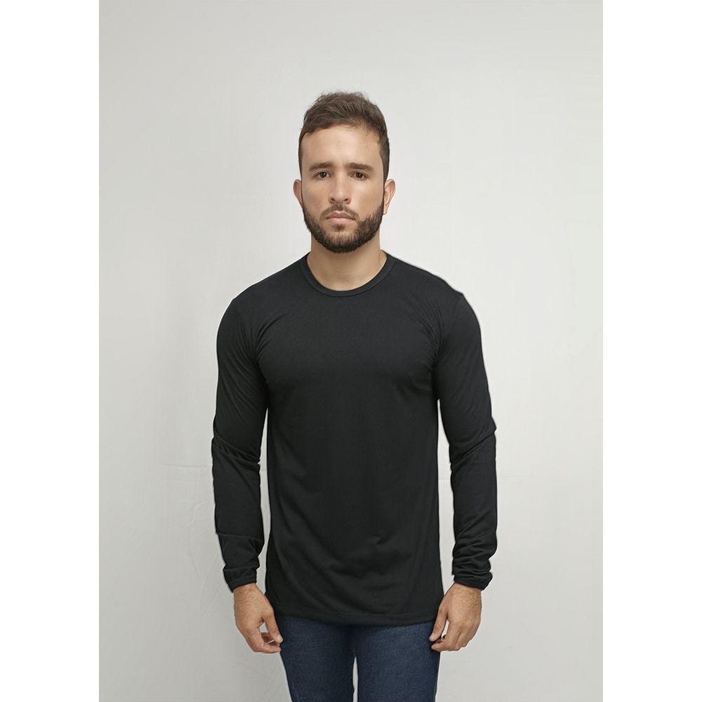 Camisa Profissional Masculina Gola Careca Manga Longa em Malha PV - Preto