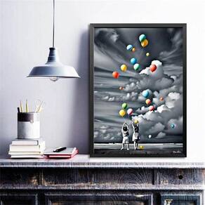 Quadro Decorativo Crianças Com Balões Coloridos 24X18Cm