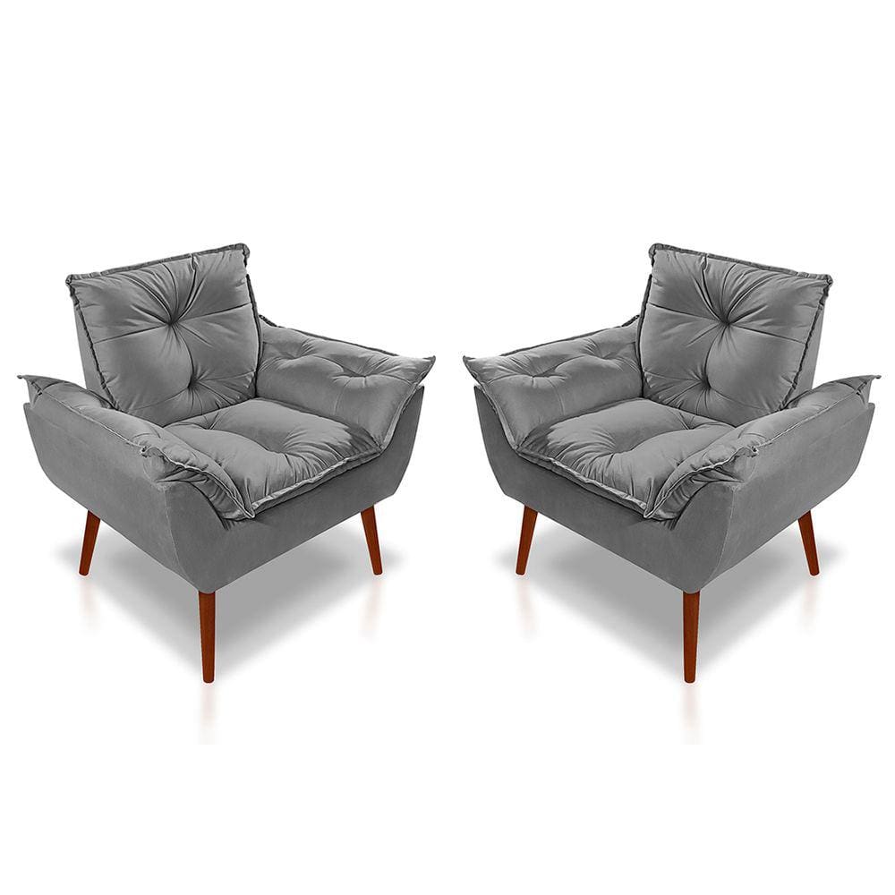 Kit 02 Poltrona Opala Decorativa Suede Cinza Claro